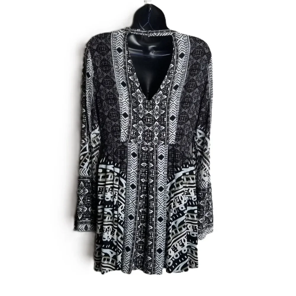 Free People Teagan Boho Tribal Print Mini Dress Bell Sleeves Black White Size S